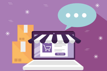 Imagem de computador e carrinho de compras representando negócio digital lucrativo.