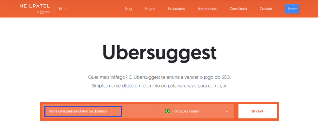 Exemplo obter ideias de conteúdos pelo site Ubersuggest.