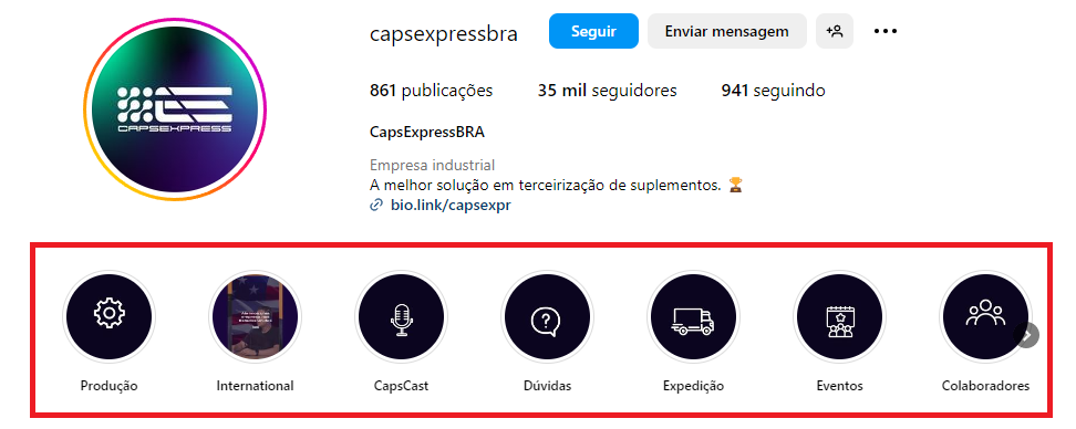 Destaques do perfil para Instagram para negócios.