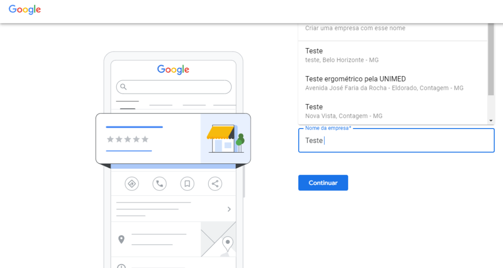 Imagem do passo 2 do processo de cadastramento de uma empresa no Google Meu Negócio. Nesta imagem é mostrada a página de inserção do nome da empresa o Google My Business.