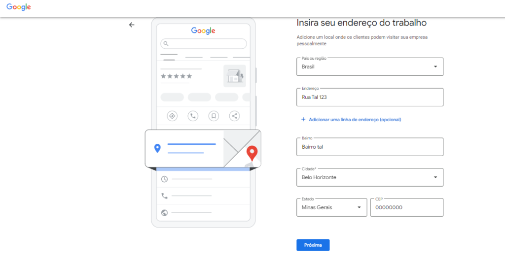 Imagem do Google Meu Negócio indicando o local para a inserção dos dados de endereço durante o processo de cadastramento de uma empresa.