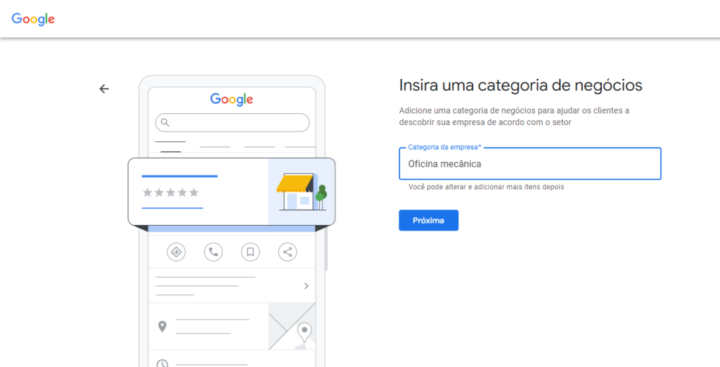 Imagem do Google Meu Negócio indicando o local para a inserção do ramo da empresa.