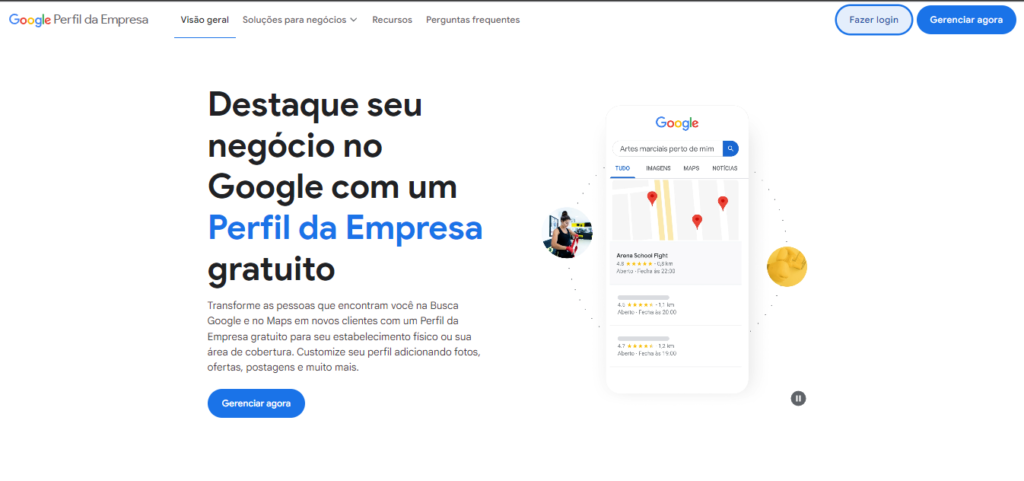 Imagem da página inicial do Google Meu Negócio onde se inicia o cadastro da empresa na plataforma.