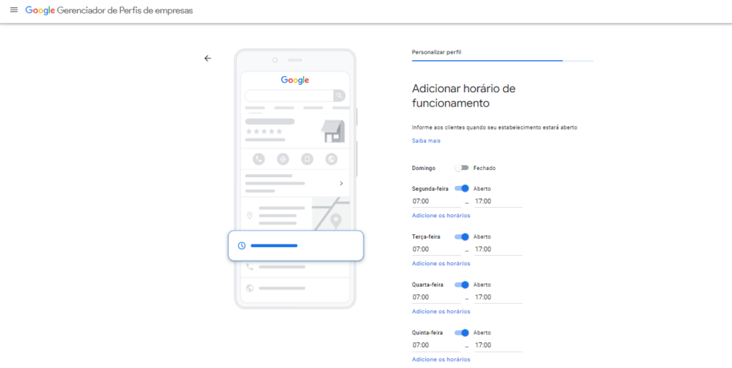 Imagem do Google Meu Negócio indicando onde se deve inseriri os dias e horários de funcionamento da empresa.