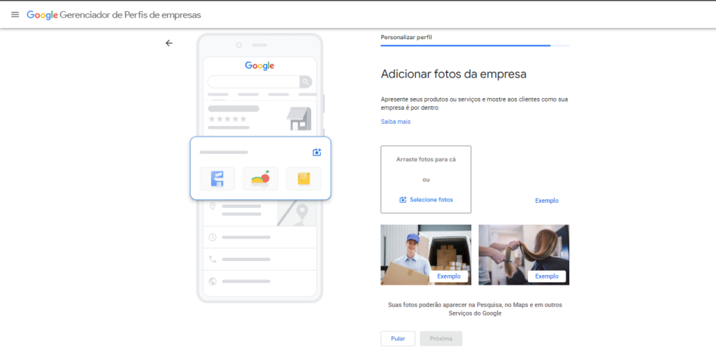 Imagem do Google Meu Negócio indicando o local para a inserção de fotos da empresa.