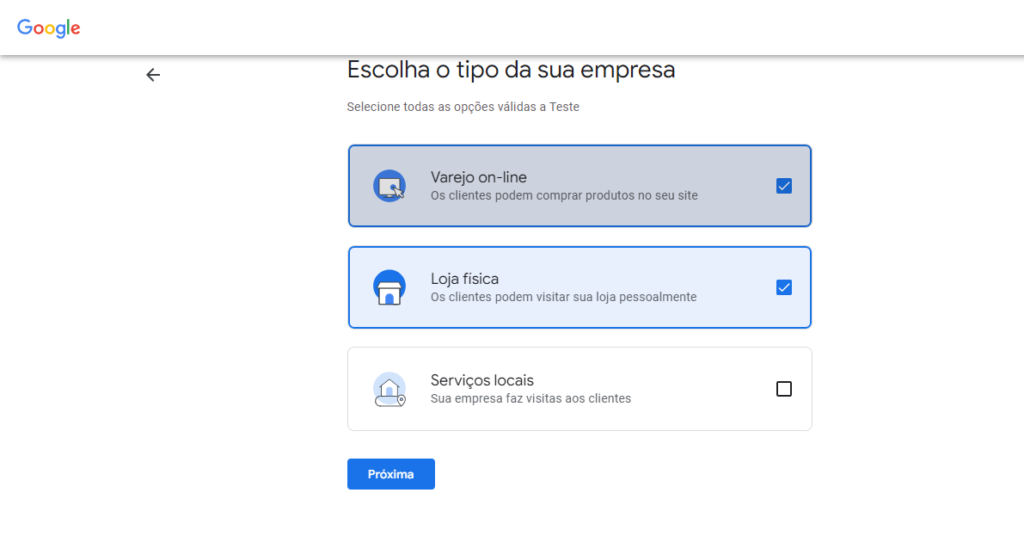 Imagem do terceiro passo do processo de cadastrar empresa no Google Meu Negócio. Nesta imagem é mostrado os tipos de empresas disponíveis para serem selecionados no Google My Business.