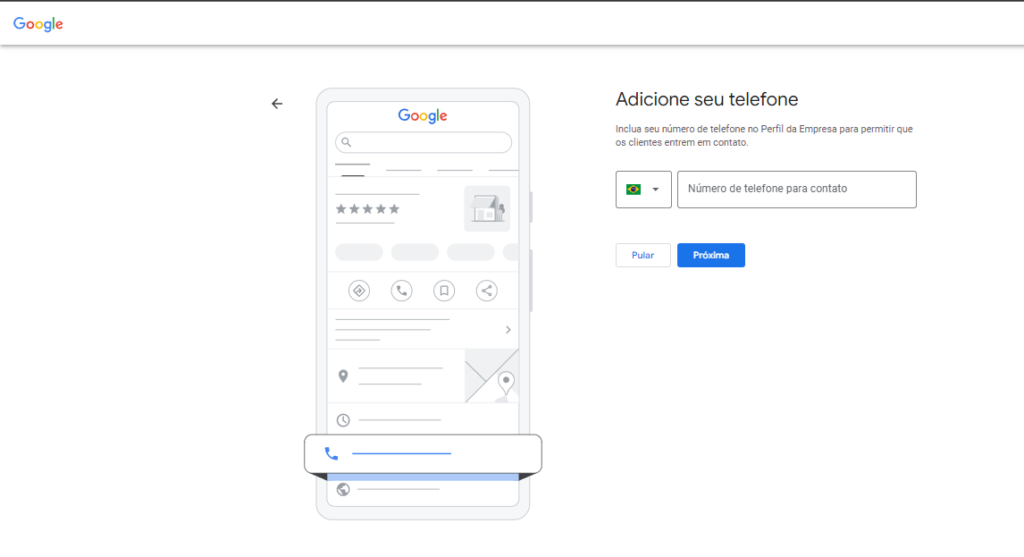 Imagem do Google Meu Negócio indicando o local onde o número de telefone da empresa deve ser inserido.