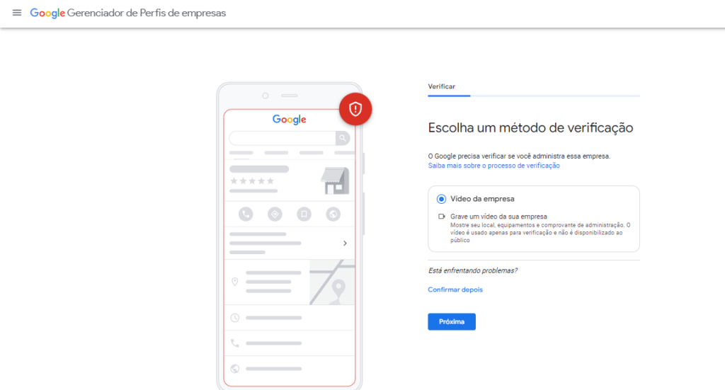 Imagem do Google Meu Negócio indicando que a verificação da empresa deve ser feita.