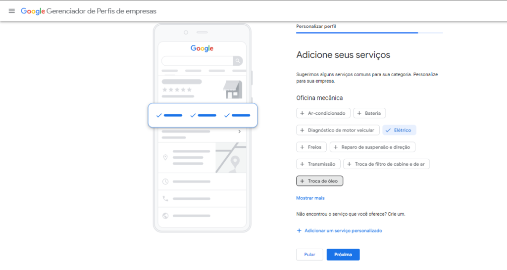 Imagem inidicando onde os serviços devem ser adicionados ao cadastrar uma empresa no Google Meu Negócio.