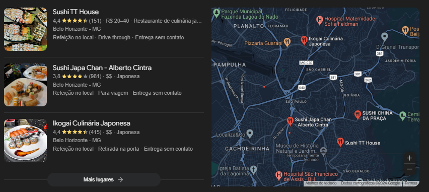 Imagem dos resultados de busca do Google Meu Negócio para a pesquisa "Restaurante japonês".
